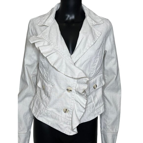 ✨ CAbi Linen Ruffle Jacket #325 Beige Oatmeal Blazer Size Medium - Picture 4 of 12